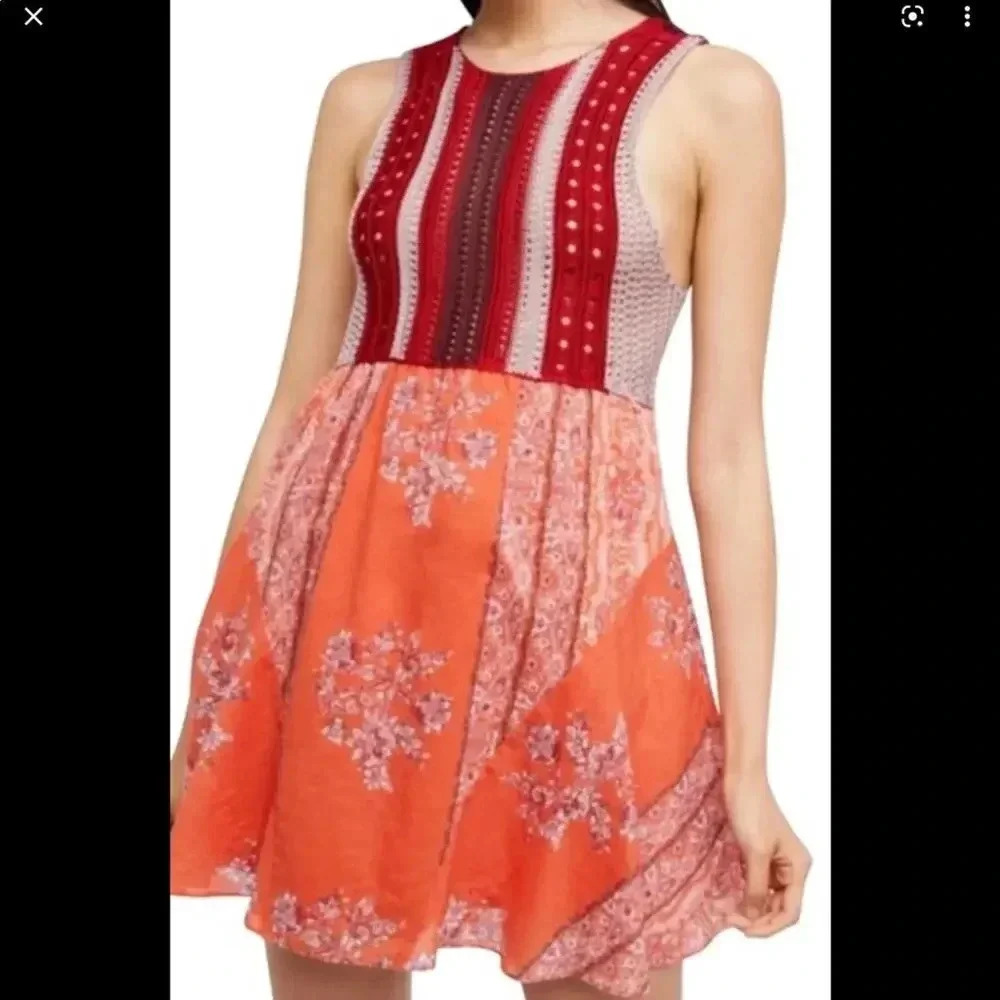 Free People Red and Orange Striped & Floral Mini Dress